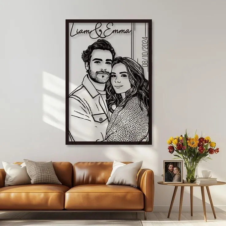 Line-art portrait of a couple cut from steel