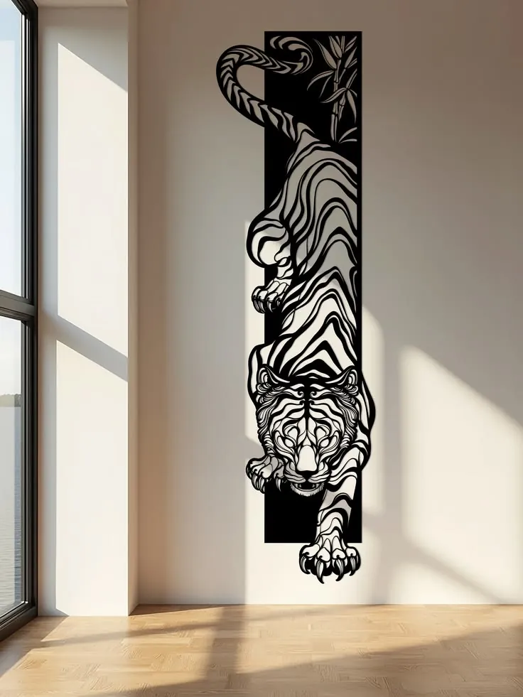 Vertical climbing tiger in laser-cut metal